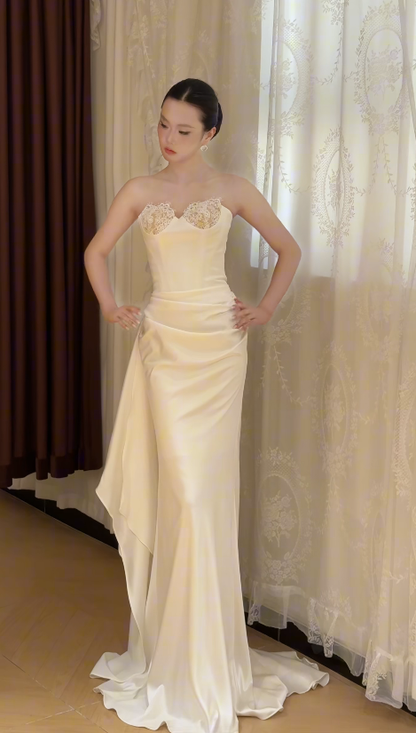 Pretty Light Champagne Prom Dress Sheath Satin Long Evening Dress DP07152