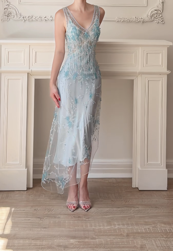 Pretty Blue Prom Dress Sheath Chiffon Beaded Long Evening Dress DP07155