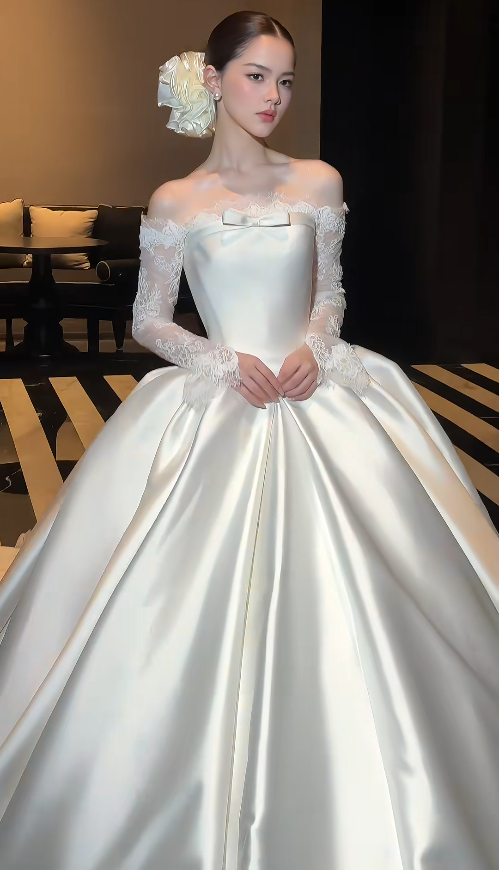 Pretty White A-Line Satin Long Wedding Dress for Brides DP07158