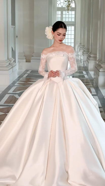 Pretty White A-Line Satin Long Wedding Dress for Brides DP07158
