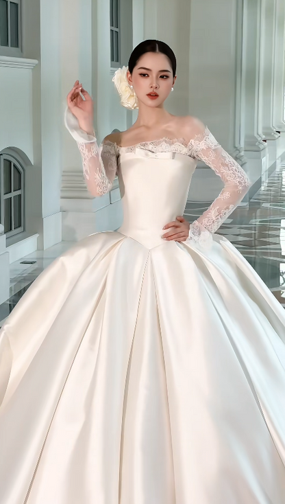 Pretty White A-Line Satin Long Wedding Dress for Brides DP07158