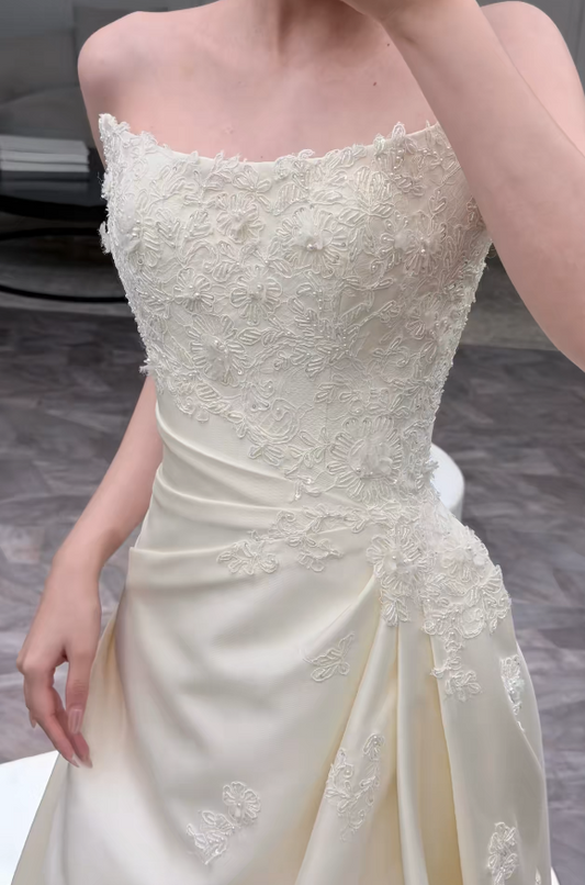 Pretty White A-Line Satin Long Wedding Dress for Brides DP07160