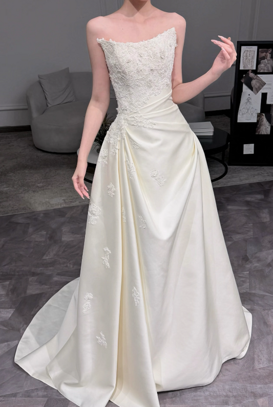 Pretty White A-Line Satin Long Wedding Dress for Brides DP07160