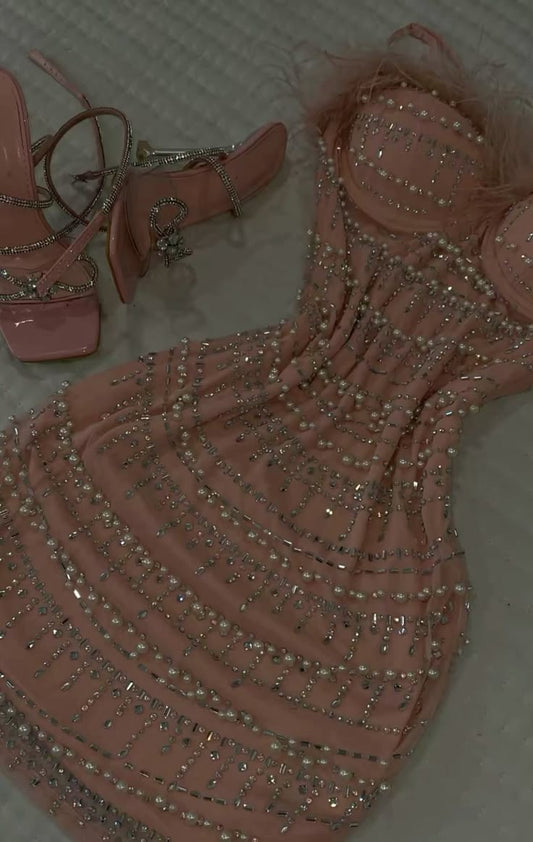 Beautiful Pink Short Homecoming Dress Sheath Chiffon Beaded Birthday Dress DP07173