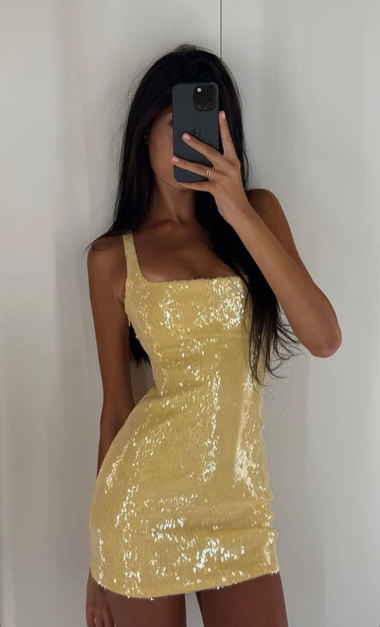 Beautiful Yellow Short Homecoming Dress Sheath Sequins Birthday Dress DP07183