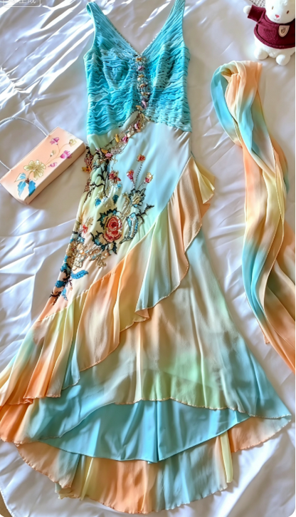 Beautiful Blue Long Evening Dress Sheath Chiffon Beaded Prom Dress DP07196