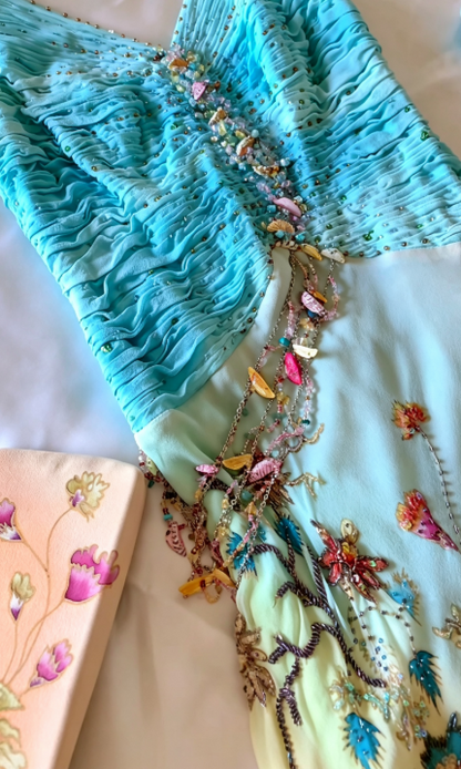 Beautiful Blue Long Evening Dress Sheath Chiffon Beaded Prom Dress DP07196