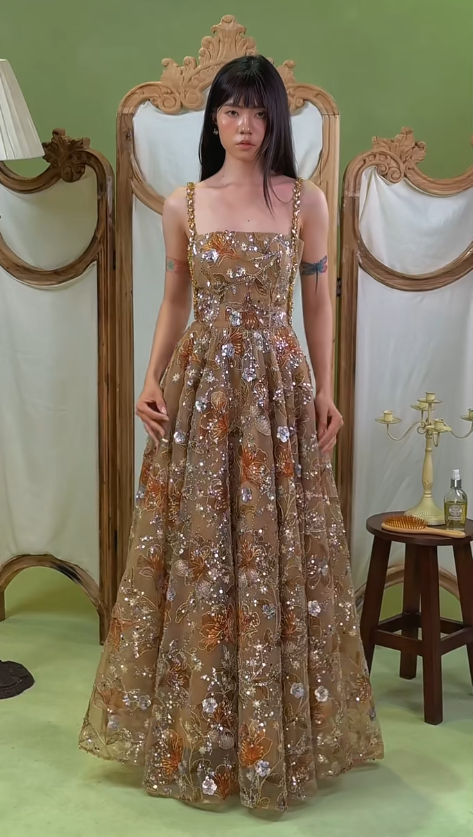 Beautiful Champagne Long Evening Dress Sheath Chiffon Beaded Prom Dress DP07198