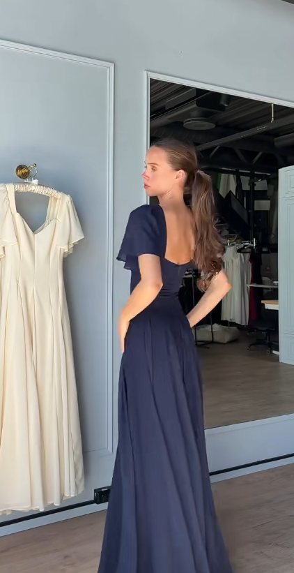 Beautiful Navy Blue Long Evening Dress Sheath Chiffon Prom Dress DP07200