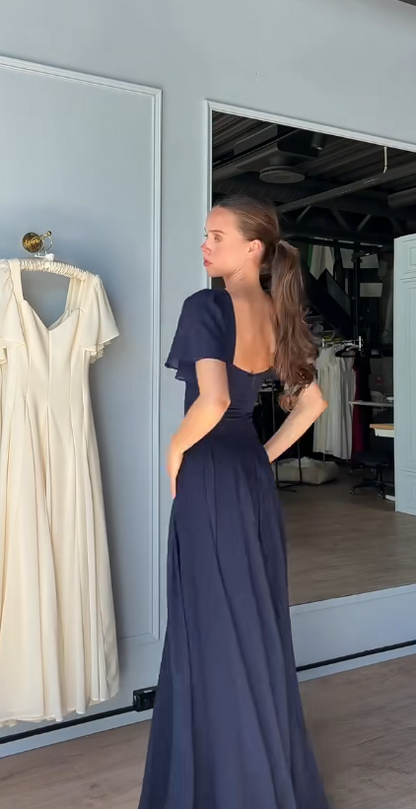 Beautiful Navy Blue Long Evening Dress Sheath Chiffon Prom Dress DP07200