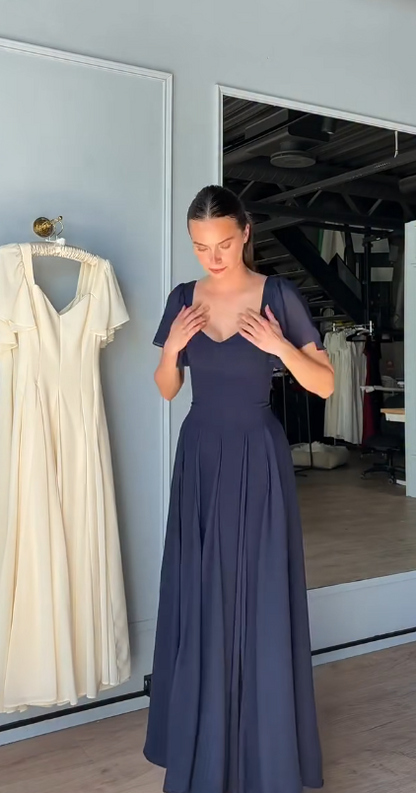 Beautiful Navy Blue Long Evening Dress Sheath Chiffon Prom Dress DP07200
