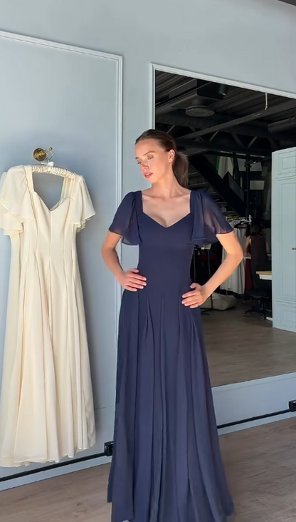 Beautiful Navy Blue Long Evening Dress Sheath Chiffon Prom Dress DP07200