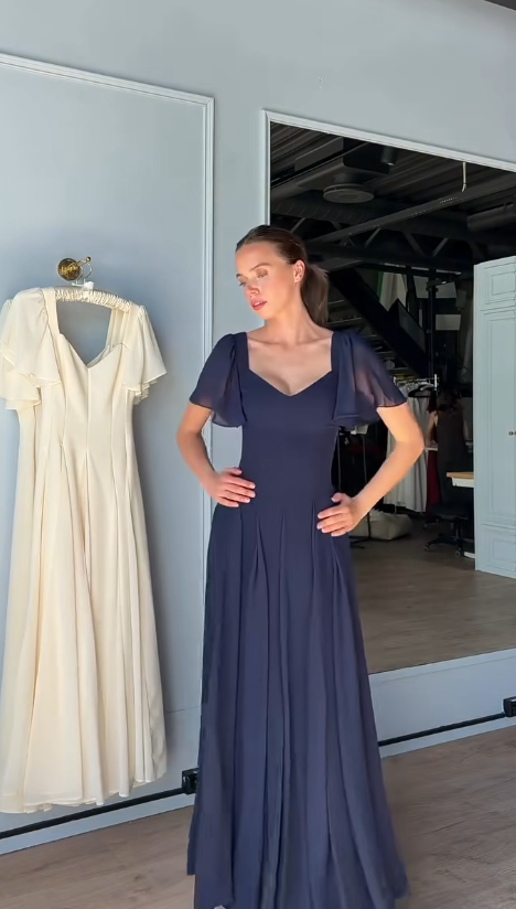 Beautiful Navy Blue Long Evening Dress Sheath Chiffon Prom Dress DP07200