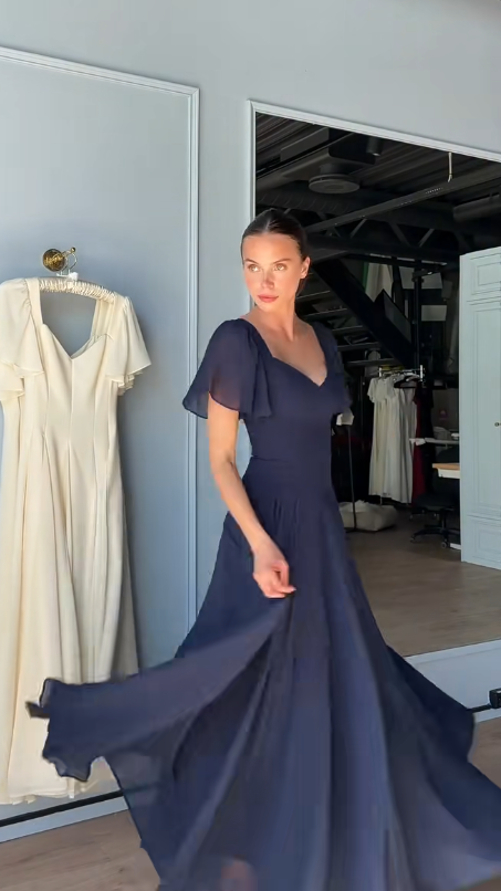 Beautiful Navy Blue Long Evening Dress Sheath Chiffon Prom Dress DP07200