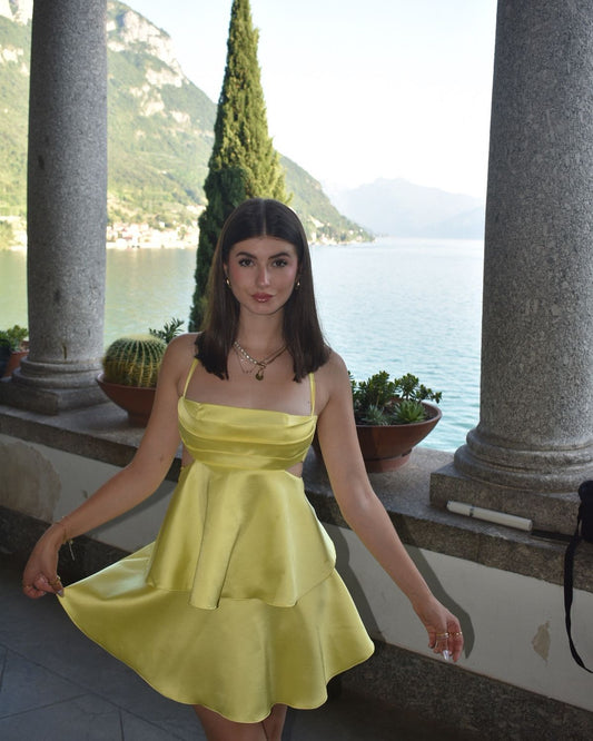 Fashion Yellow Short Birthday Dress Sheath Satin Homecoming Dress DP07208
