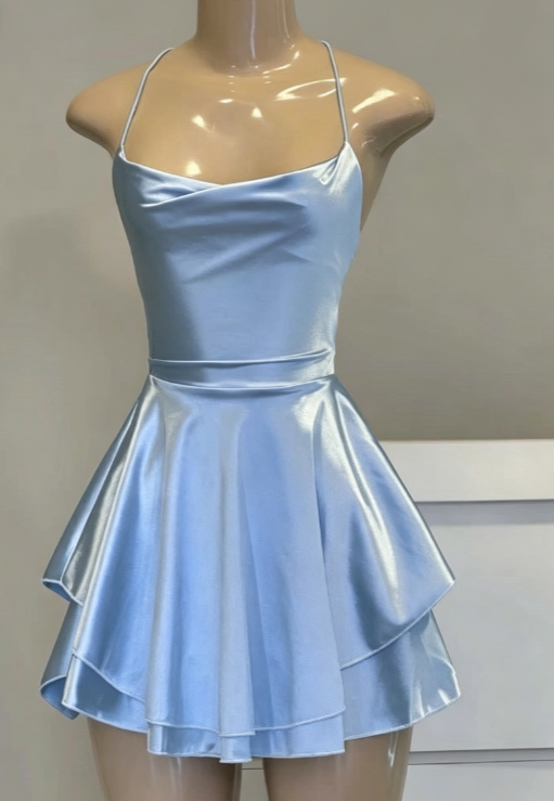 Chic Blue Short Prom Dress Sheath Satin Homecoming Dress DP07250