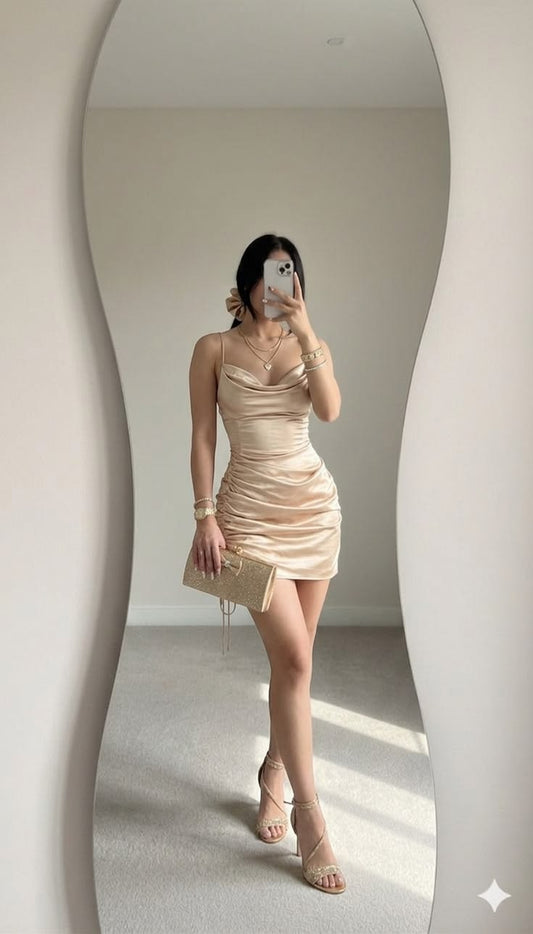 Pretty Champagne Birthday Dress Sheath Satin Short Homecoming Dress DP07260