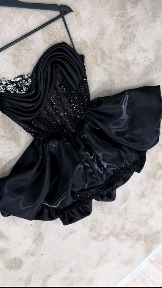 Pretty Black Birthday Dress A-Line Satin Short Homecoming Dress DP07265
