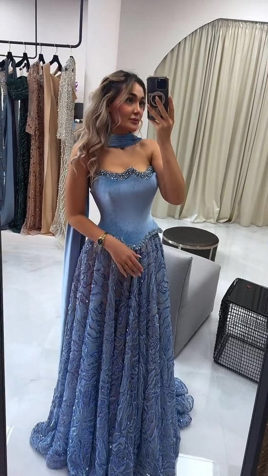 Pretty Blue Long Prom Dress A-Line Satin Evening Dress DP07278