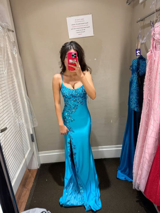 Pretty Blue Long Prom Dress Sheath Satin Evening Dress DP07281