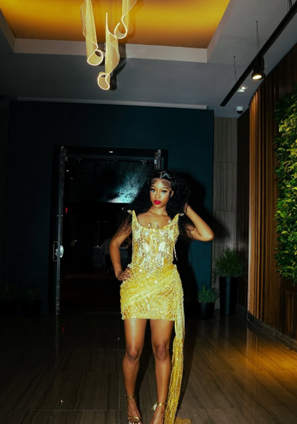 Gorgeous Yellow Birthday Dress Sheath Tulle Beaded Homecoming Dress DP07289