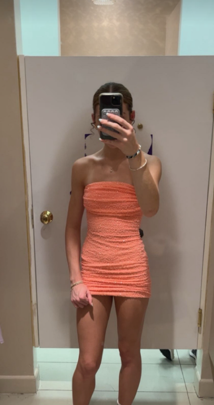 Robe de soirée courte chic orange, robe fourreau perlée pour fête d'anniversaire DP07321