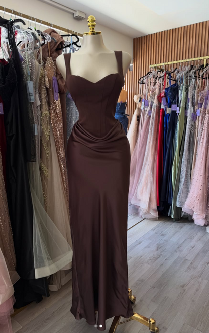 Chic Brown Prom Dress Sheath Satin Long Evening Dress DP07326