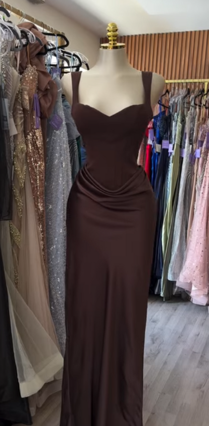Chic Brown Prom Dress Sheath Satin Long Evening Dress DP07326