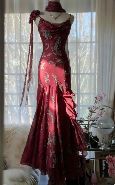 Chic Burgundy Prom Dress Sheath Chiffon Long Evening Dress DP07329