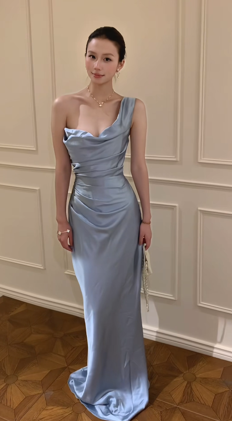 Chic Blue Prom Dress Sheath Satin Long Evening Dress DP07336