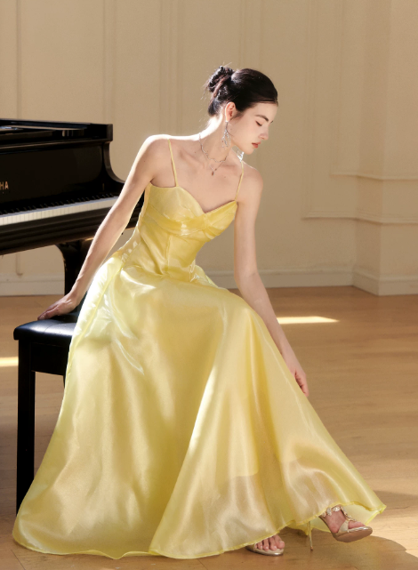 Chic Yellow Prom Dress Sheath Satin Long Evening Dress DP07337