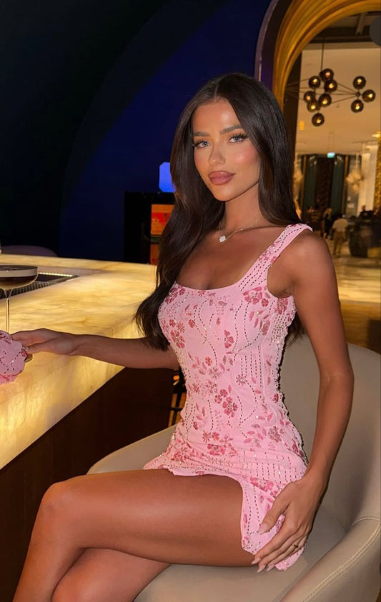 Fashion Pink Short Homecoming Dress Sheath Beaded Birthday Dress DP07347