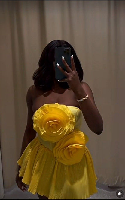 Fashion Yellow Short Homecoming Dress Sheath Satin Beaded Birthday Dress DP07357