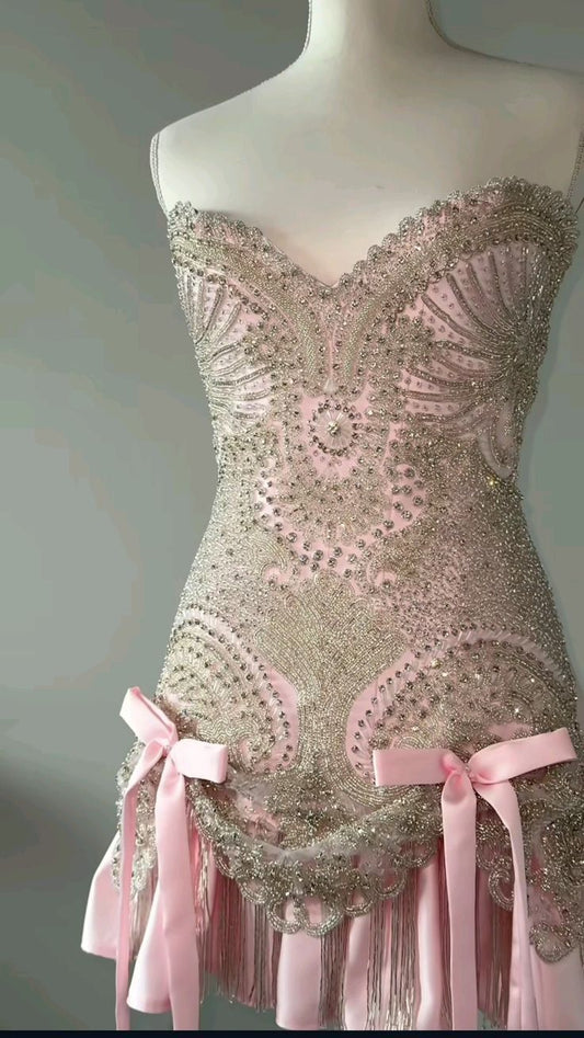 Fashion Pink Short Homecoming Dress Sheath Satin Beaded Birthday Dress DP07358