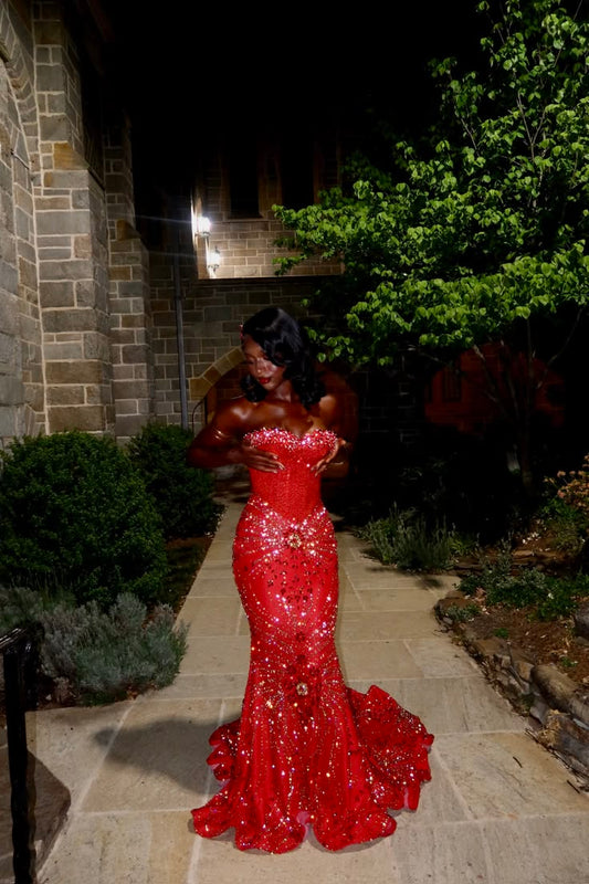 Fashion Red Prom Dress Mermaid Tulle Beaded Birthday Dress DP07365