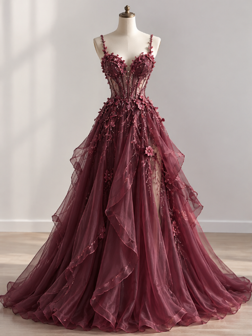 Fashion Burgundy Prom Dress A-Line Tulle Applique Birthday Dress DP07369