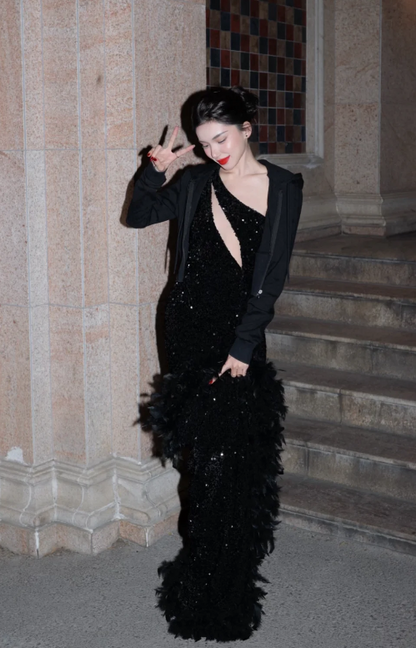 Fashion Sheath Sequins Long Evening Dress BlackProm Dress DP07378