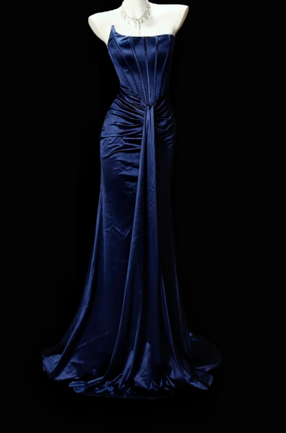 Chic Sheath Satin Long Evening Dress Navy Blue Prom Dress DP07390
