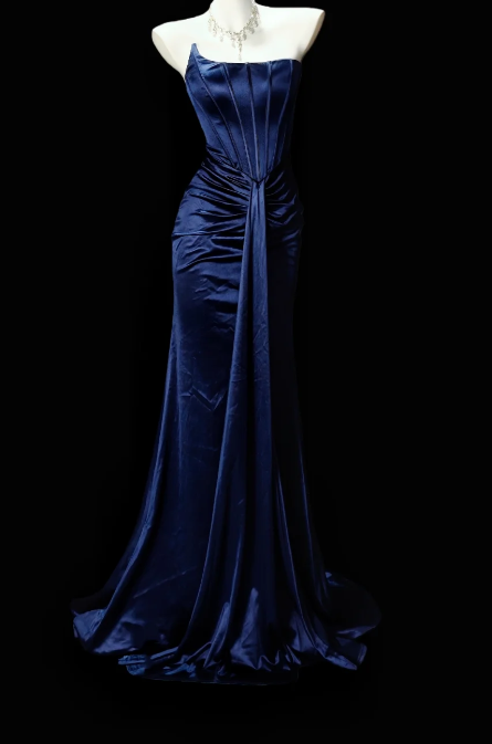Schickes Etuikleid aus Satin, langes Abendkleid in Marineblau, Abschlussballkleid DP07390