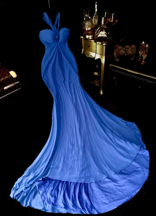 Schickes, schlichtes langes Abendkleid aus Satin, blaues Abschlussballkleid DP07392