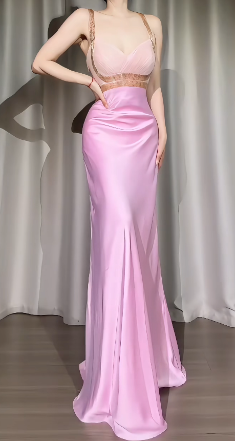 Schickes, schlichtes langes Abendkleid aus Satin, rosafarbenes Abschlussballkleid DP07393