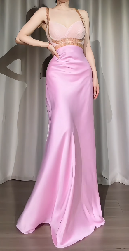 Schickes, schlichtes langes Abendkleid aus Satin, rosafarbenes Abschlussballkleid DP07393