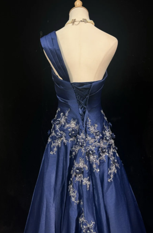 Chic Sheath Satin Long Evening Dress Navy Blue Prom Dress  DP07393