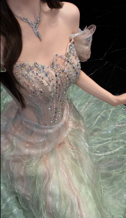 Chic A-Line Tulle Long Evening Dress Green Prom Dress  DP07401