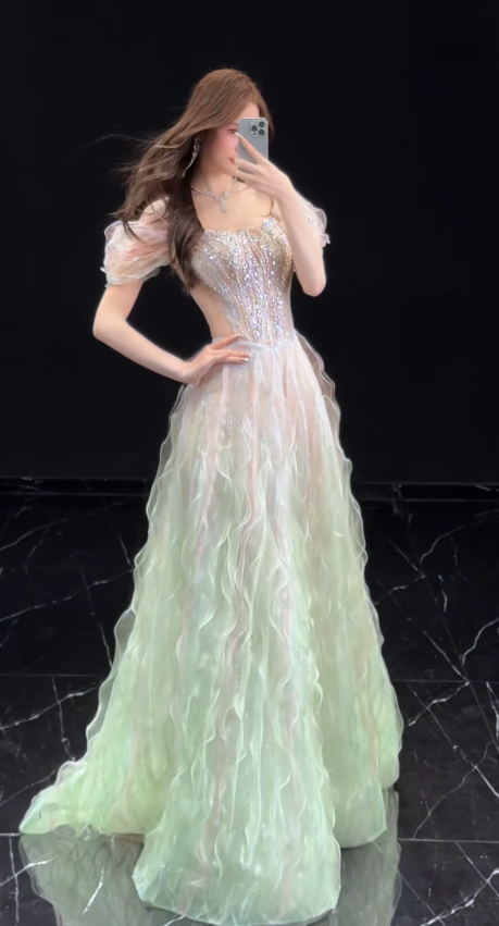 Chic A-Line Tulle Long Evening Dress Green Prom Dress  DP07401