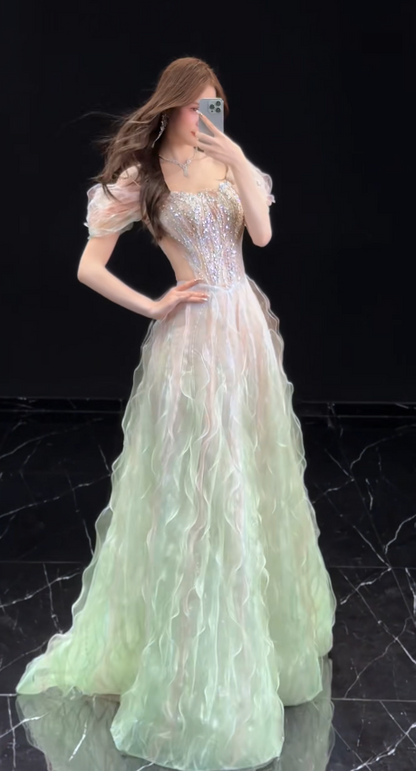 Chic A-Line Tulle Long Evening Dress Green Prom Dress  DP07401