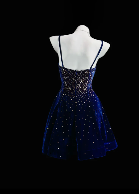 Robe de soirée courte bleu chic, coupe trapèze en velours pour anniversaire DP07403