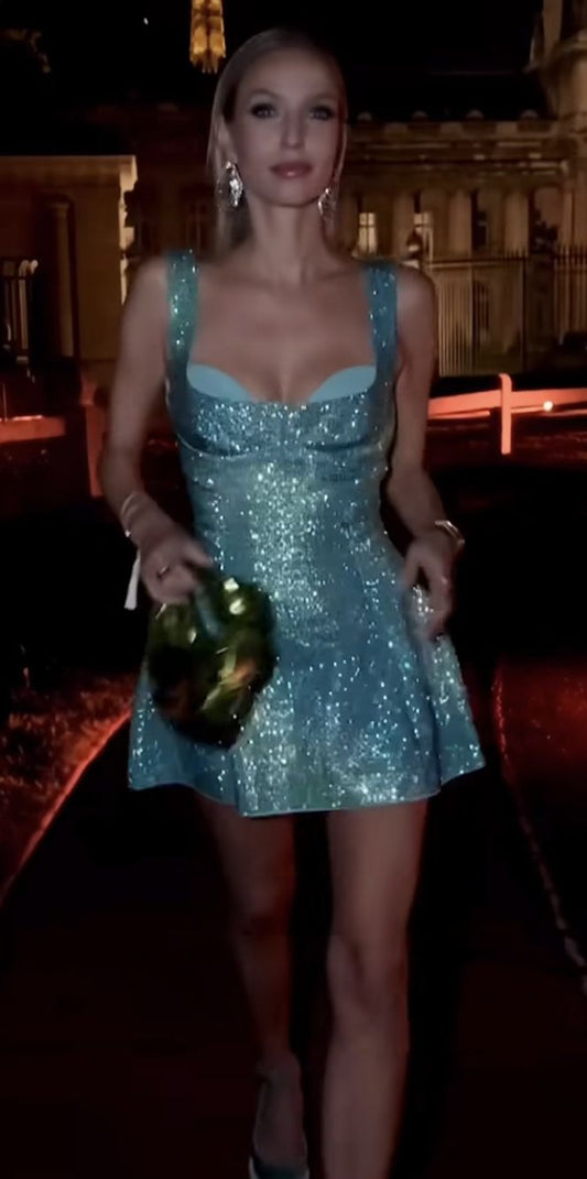 Robe de bal courte bleu chic, fourreau à sequins, robe d'anniversaire DP07405