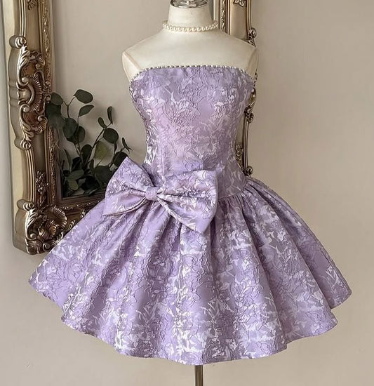 Robe de bal courte chic lilas, coupe trapèze en satin, robe d'anniversaire DP07410