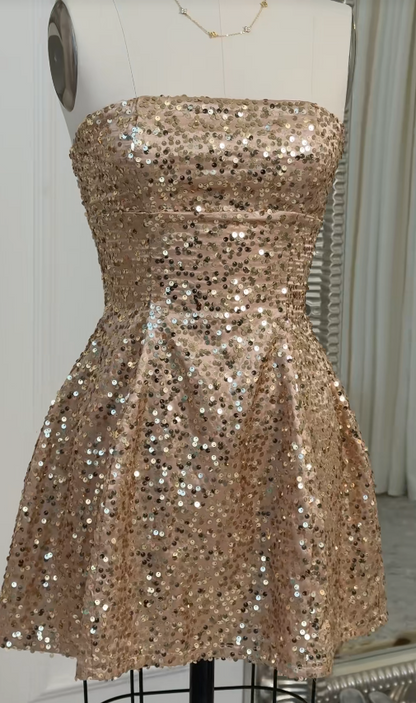 Fairy A-Line Gold Short Homecoming Dress Sequins Birthday DressDP07424